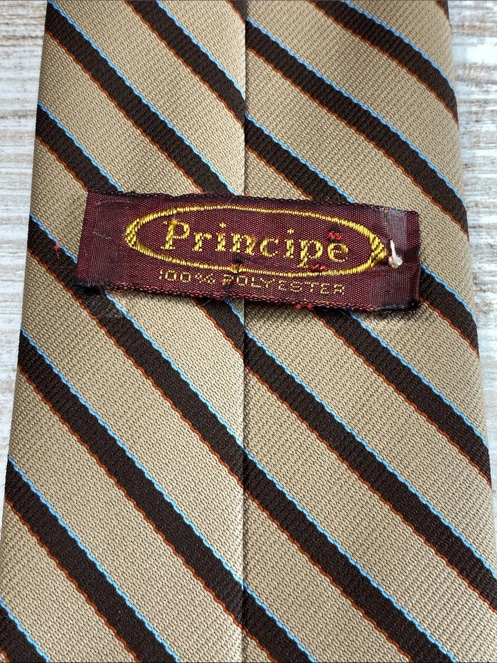 Vintage Principe Tie Tan Brown Blue Striped Classic 3” Business Office